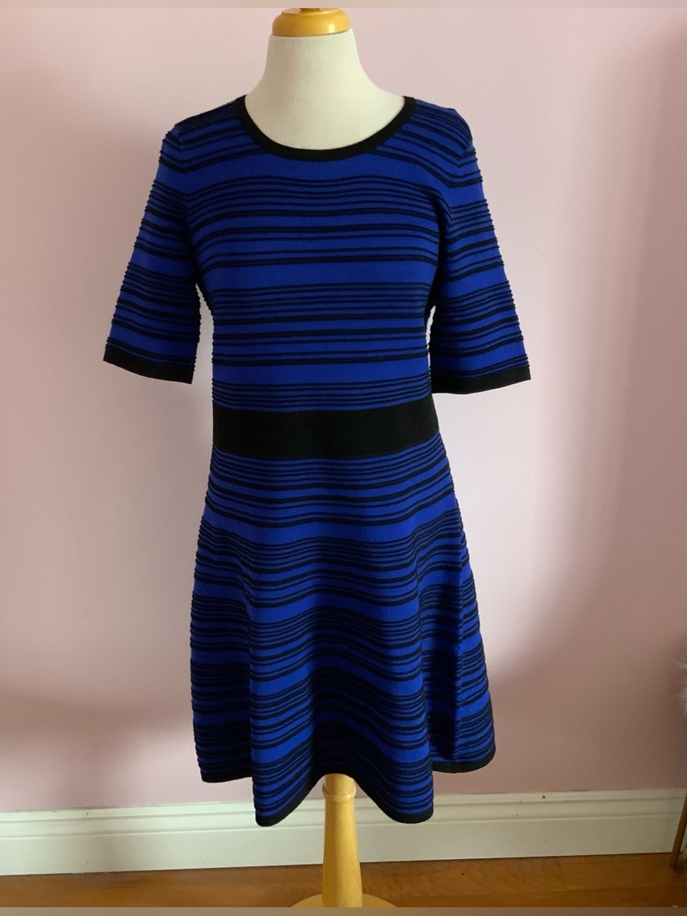 Taylor Royal Blue and Black Striped Midi Fit-and-Flare Dress